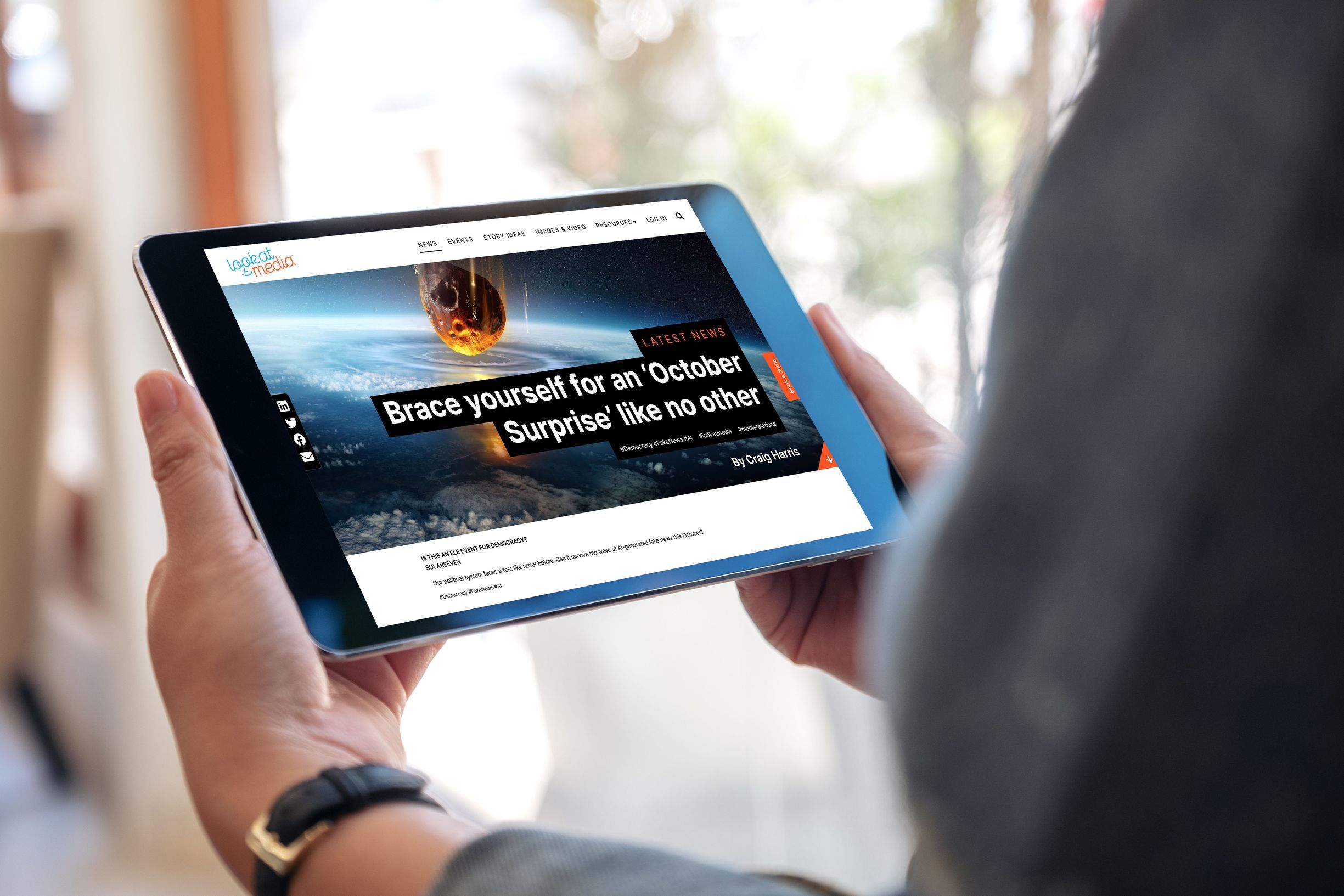 Mockup image of a woman holding black tablet pc with blank white screen while sitting in cafe